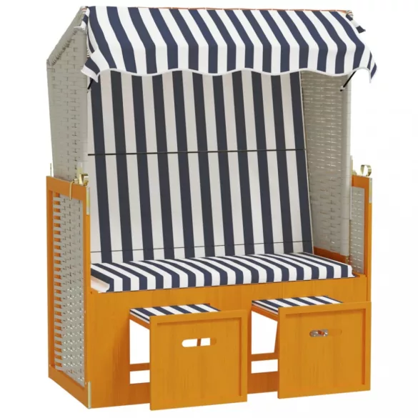 fehér és kék polyrattan és tömör fa strandszék tetővel