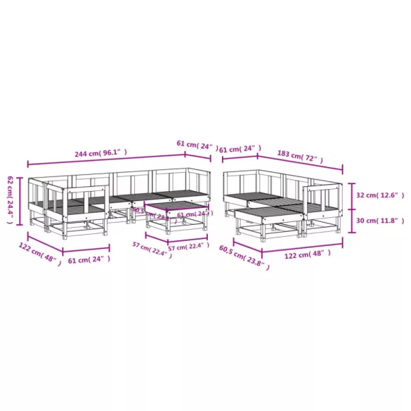 10 részes tömör duglászfenyő kerti pihenőgarnitúra