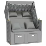 szürke polyrattan és tömör fa strandszék párnákkal