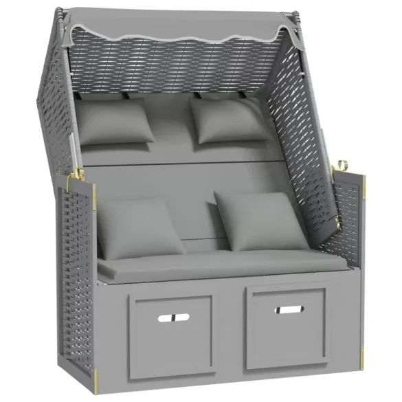 szürke polyrattan és tömör fa strandszék párnákkal