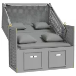 szürke polyrattan és tömör fa strandszék párnákkal