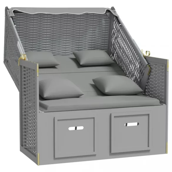 szürke polyrattan és tömör fa strandszék párnákkal