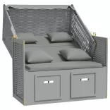 szürke polyrattan és tömör fa strandszék párnákkal