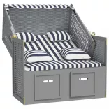 kék és fehér polyrattan és tömör fa strandszék párnákkal
