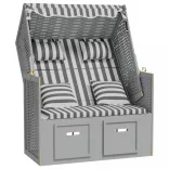 szürke-fehér polyrattan és tömör fa strandszék párnákkal