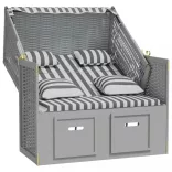 szürke-fehér polyrattan és tömör fa strandszék párnákkal