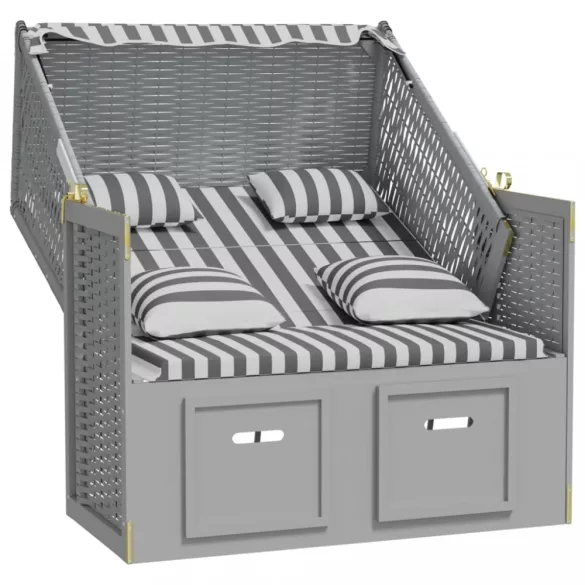 szürke-fehér polyrattan és tömör fa strandszék párnákkal