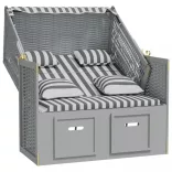 szürke-fehér polyrattan és tömör fa strandszék párnákkal