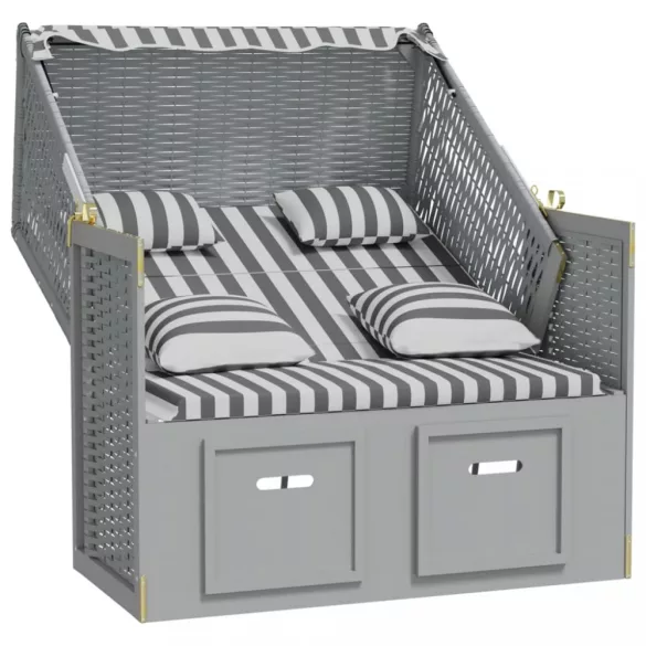 szürke-fehér polyrattan és tömör fa strandszék párnákkal