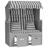 szürke-fehér polyrattan és tömör fa strandszék párnákkal