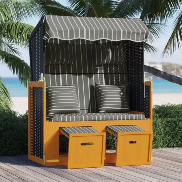 fekete és szürke polyrattan és tömör fa strandszék párnákkal