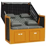 fekete és szürke polyrattan és tömör fa strandszék párnákkal