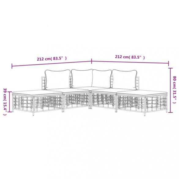 5 részes antracitszürke polyrattan kerti ülőgarnitúra párnákkal