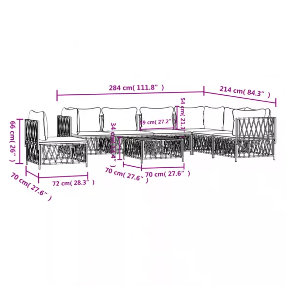 8 részes fehér acél kerti ülőgarnitúra párnákkal