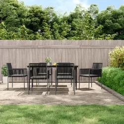   7 részes fekete polyrattan és acél kerti étkezőszett párnával