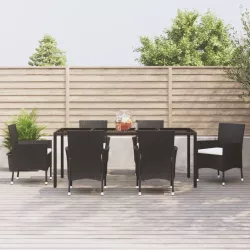   7 részes fekete polyrattan kerti étkezőgarnitúra párnával