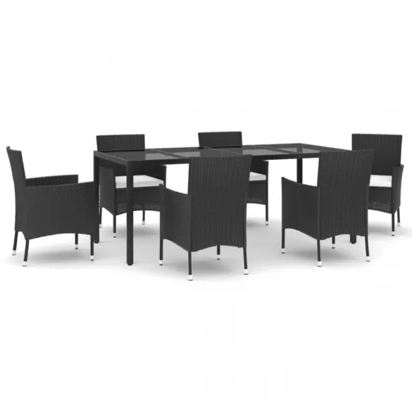 7 részes fekete polyrattan kerti étkezőgarnitúra párnával