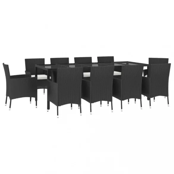 11 részes fekete polyrattan kerti étkezőgarnitúra párnákkal