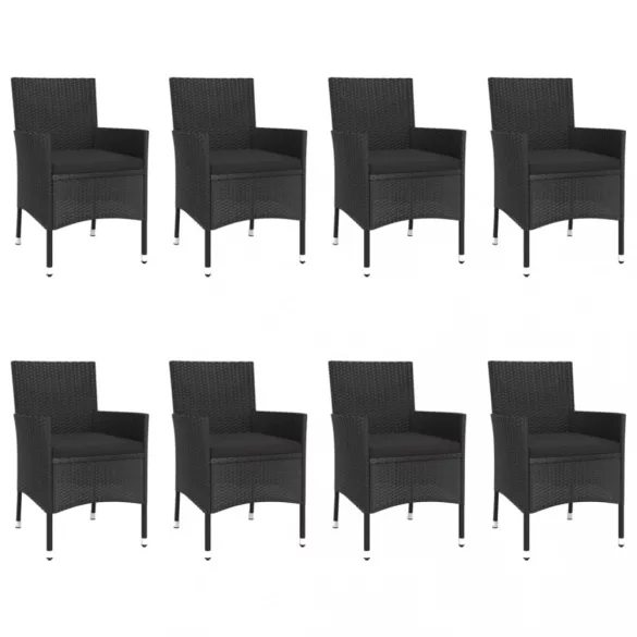 9 részes fekete polyrattan kerti étkezőgarnitúra párnákkal
