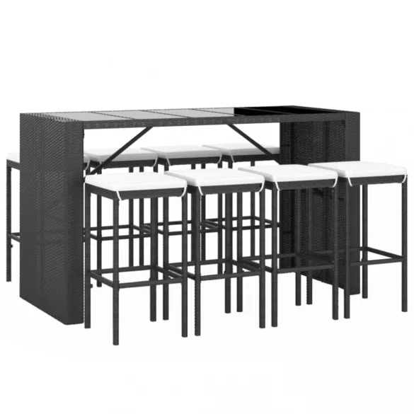 9 részes fekete polyrattan kerti bárszett párnával