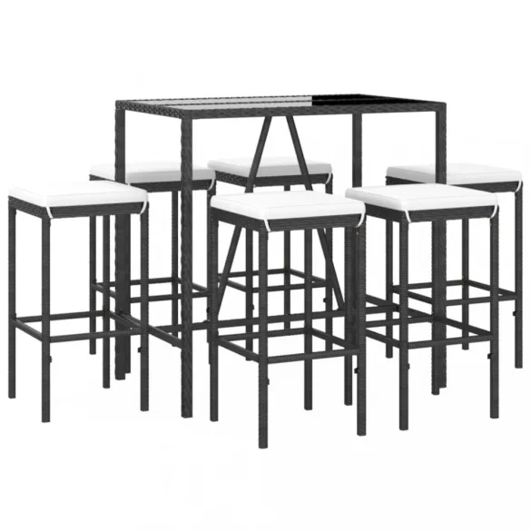 7 részes fekete polyrattan kerti bárszett párnákkal