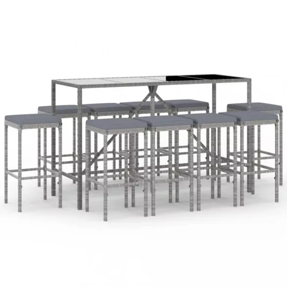 11 részes szürke polyrattan kerti bárszett párnákkal