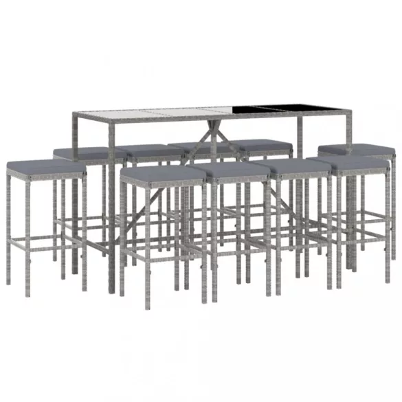 11 részes szürke polyrattan kerti bárszett párnákkal