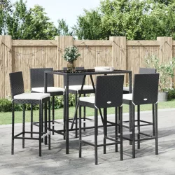 7 részes fekete polyrattan kerti bárszett párnákkal