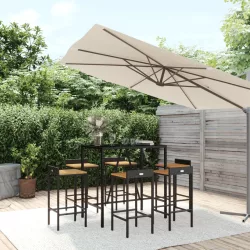   7 részes fekete polyrattan és tömör akácfa kerti bárszett