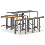 9 részes szürke polyrattan és tömör akácfa kerti bárszett
