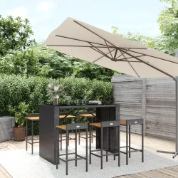   7 részes fekete polyrattan és tömör akácfa kerti bárszett