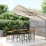 7 részes fekete polyrattan és tömör akácfa kerti bárszett