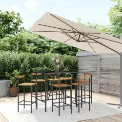   7 részes fekete polyrattan és tömör akácfa kerti bárszett