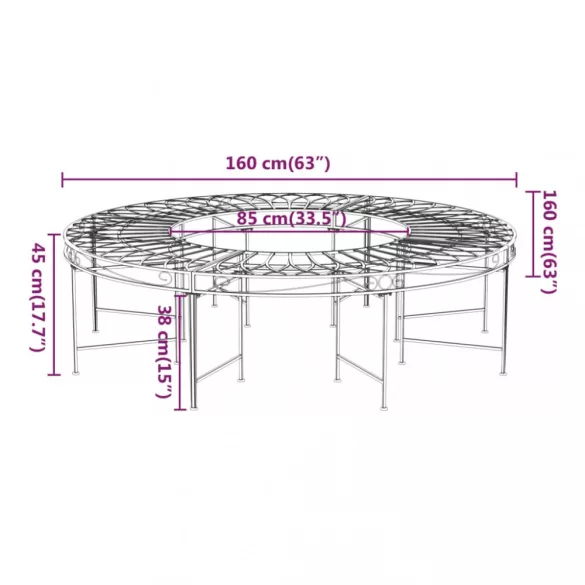 fekete acél kör alakú fa körüli pad Ø160 cm