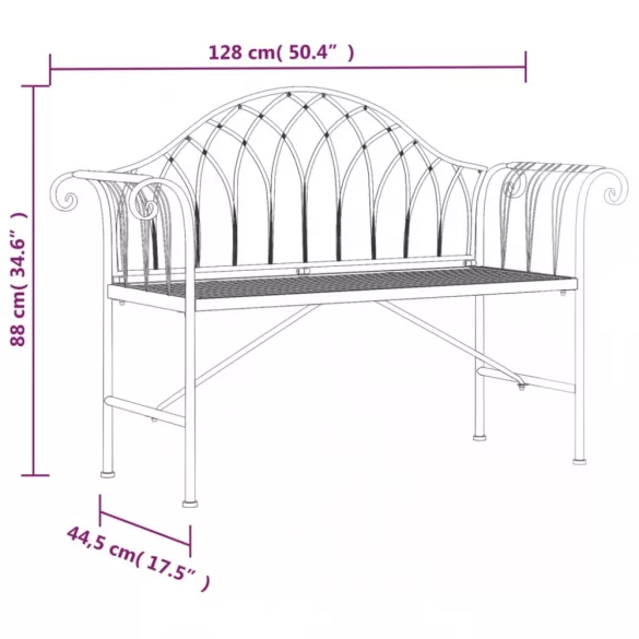 kétszemélyes fekete acél kerti pad 128 cm