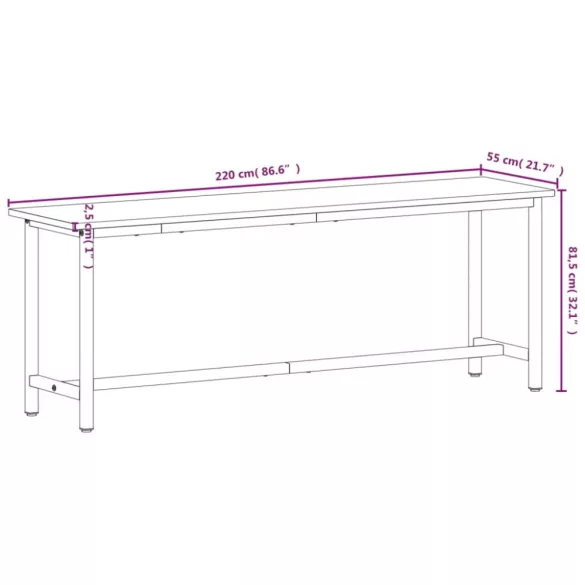 tömör bükkfa és fém munkaasztallap 220x55x81,5 cm