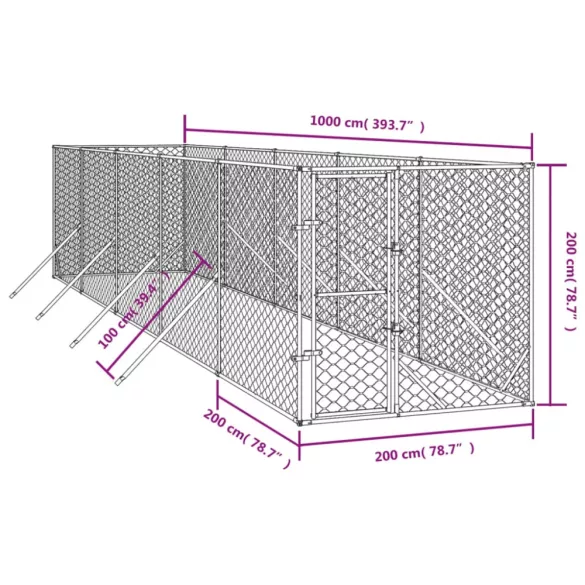 ezüstszínű kültéri horganyzott acél kutyakennel 2 x 10 x 2 m