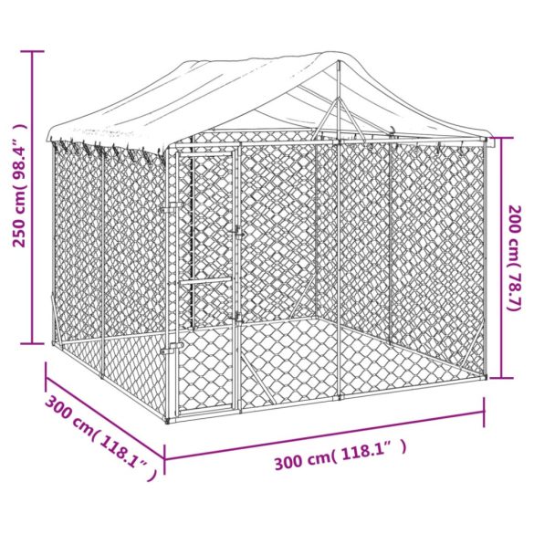 ezüstszínű horganyzott acél kutyakennel tetővel 3x3x2,5 m