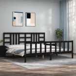 fekete tömör fa ágykeret fejtámlával 200 x 200 cm