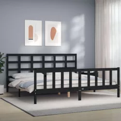 fekete tömör fa ágykeret fejtámlával 200 x 200 cm
