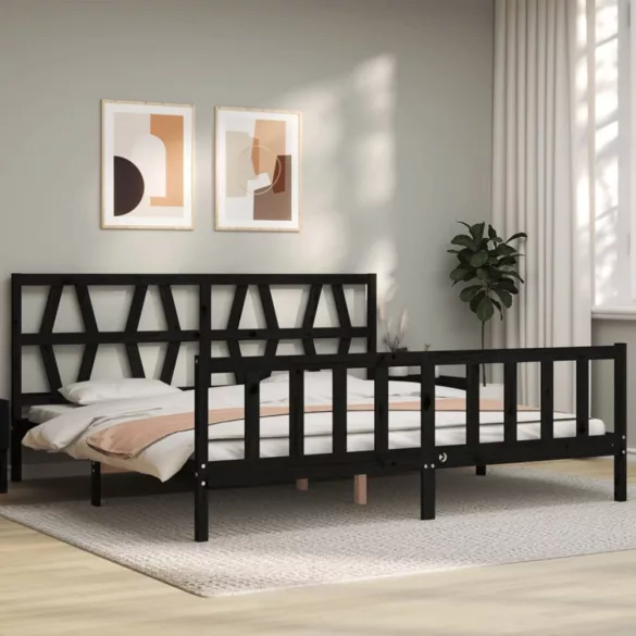 fekete tömör fa ágykeret fejtámlával 200 x 200 cm