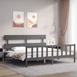 szürke tömör fa ágykeret fejtámlával 200 x 200 cm