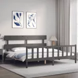 szürke tömör fa ágykeret fejtámlával 200 x 200 cm
