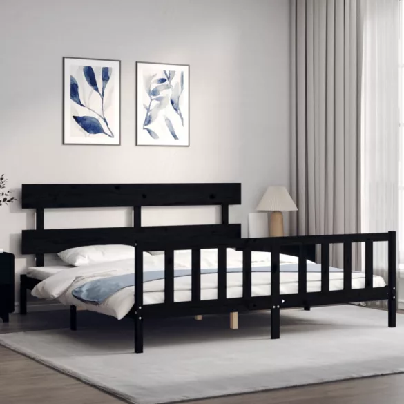 fekete tömör fa ágykeret fejtámlával 200 x 200 cm