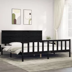 fekete tömör fa ágykeret fejtámlával 200 x 200 cm