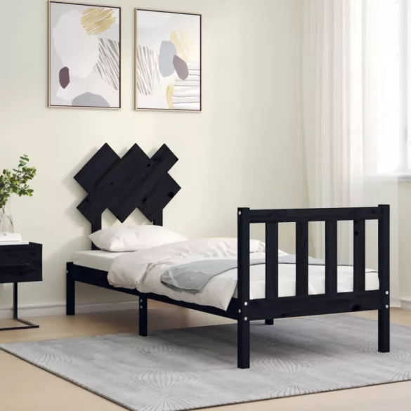 fekete tömör fa ágykeret fejtámlával Small Single