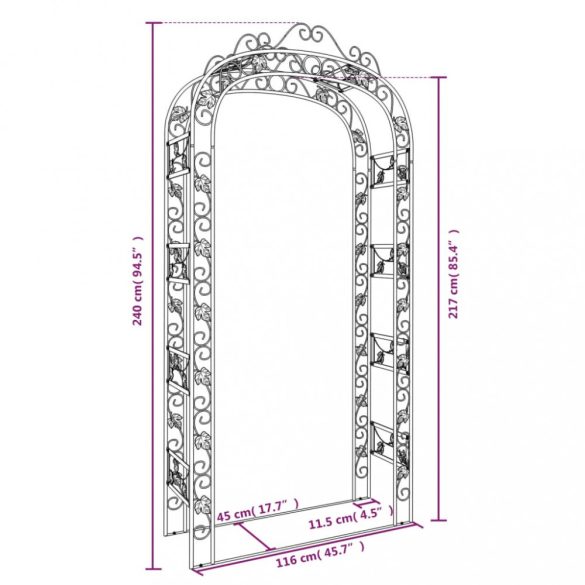 fekete acél kerti boltív 116 x 45 x 240 cm