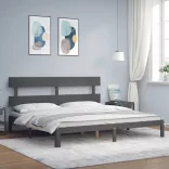 szürke tömör fa ágykeret fejtámlával 200 x 200 cm
