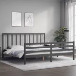 szürke tömör fa ágykeret fejtámlával 200 x 200 cm