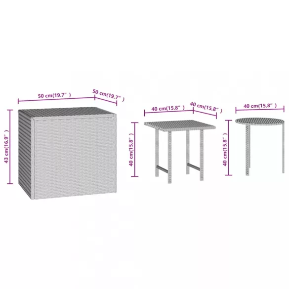 3 db fekete polyrattan kisasztal